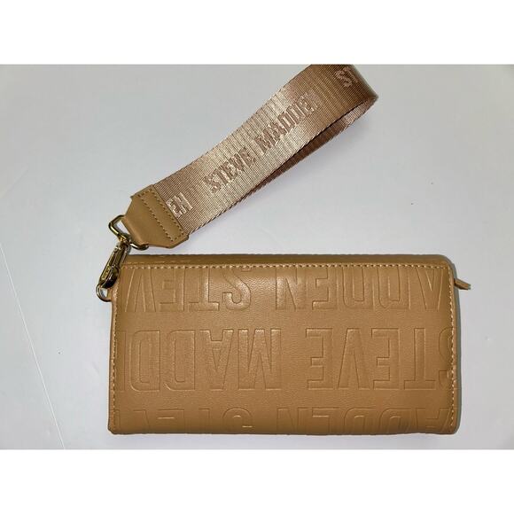 Steve Madden Tan Camel & Gold Zip-Around Wide Strap Wristlet Wallet - Picture 2 of 8